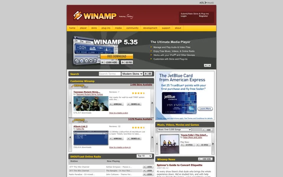 winamp.com homepage in 2007