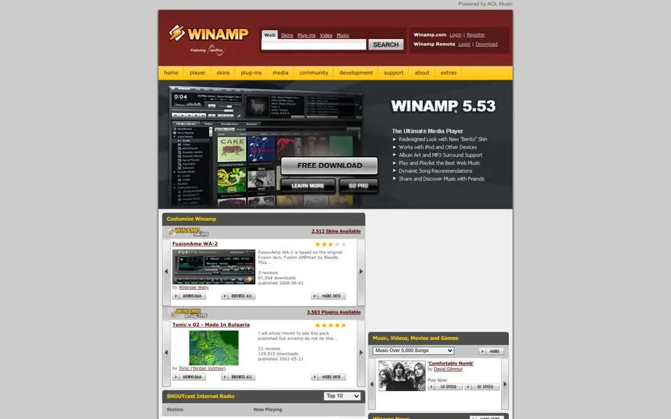 winamp.com homepage in 2008