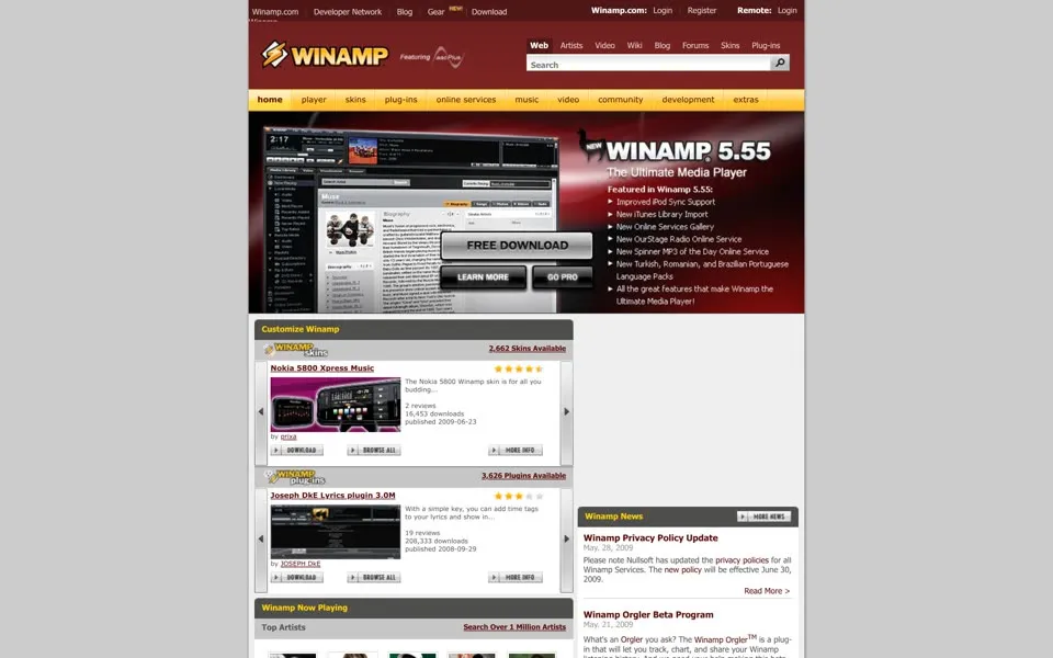 winamp.com homepage in 2009
