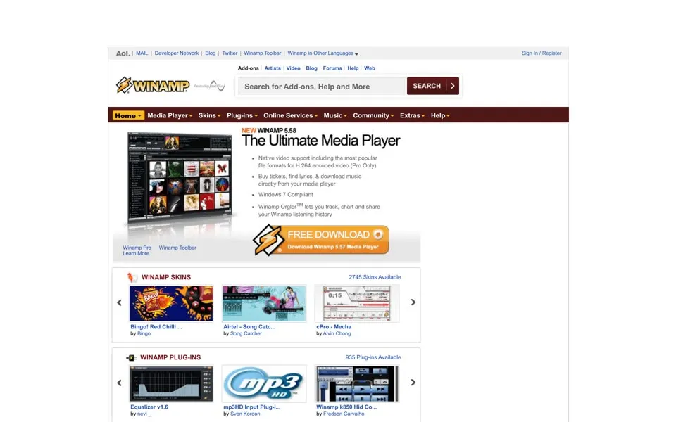 winamp.com homepage in 2010