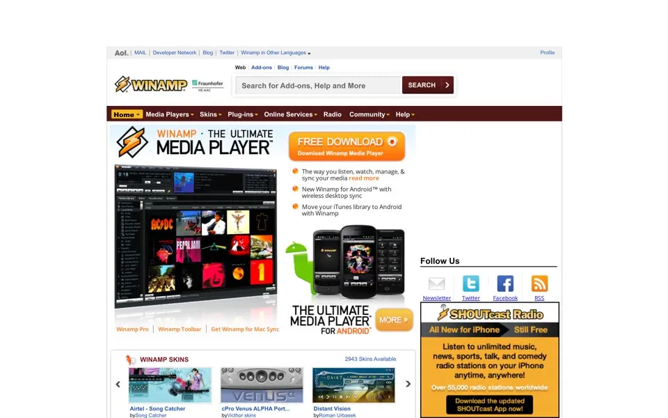 winamp.com homepage in 2013