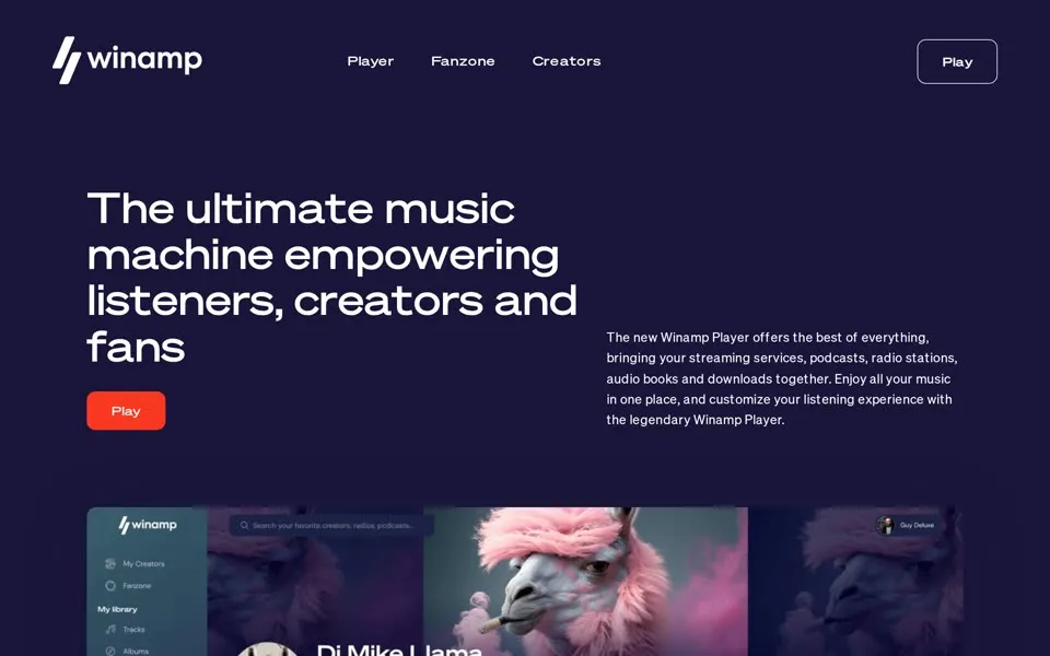 winamp.com homepage in 2023