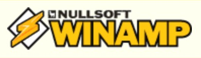 Winamp logo on the 2001 winamp.com homepage: The lightning bolt moves onto a tilted white badge.