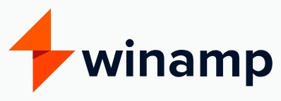 Winamp logo on the 2018 winamp.com homepage: An orange bolt pairs with a dark lowercase wordmark.