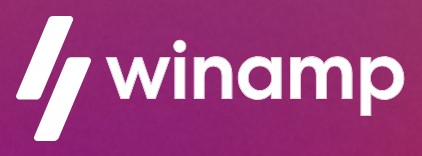 Winamp logo on the 2021 winamp.com homepage: Two slanted strokes replace the lightning badge beside a white wordmark.