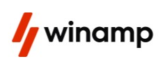 Winamp logo on the 2024 winamp.com homepage: The new symbol turns orange beside a black wordmark.