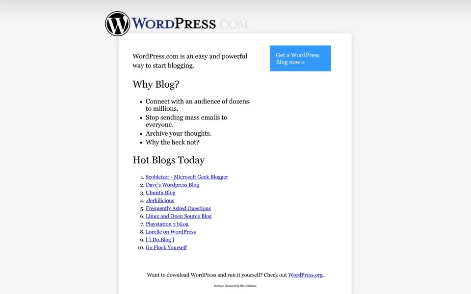 wordpress.com homepage in 2005
