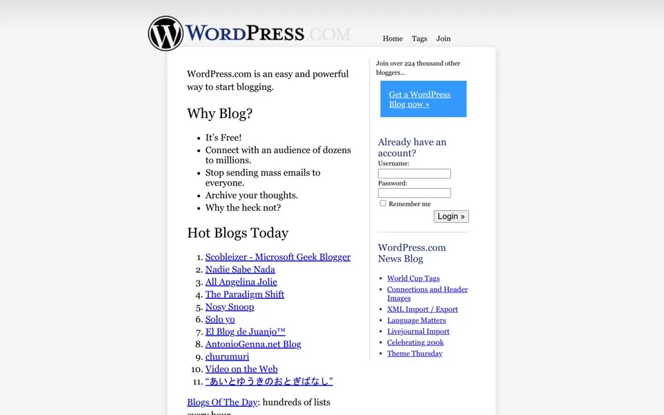 wordpress.com homepage in 2006