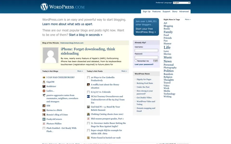 wordpress.com homepage in 2007