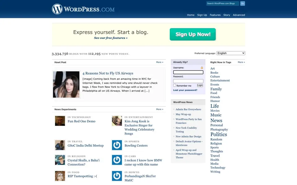 wordpress.com homepage in 2008