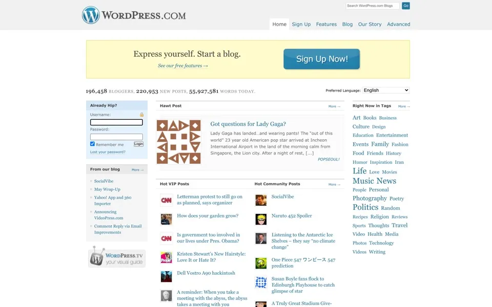 wordpress.com homepage in 2009