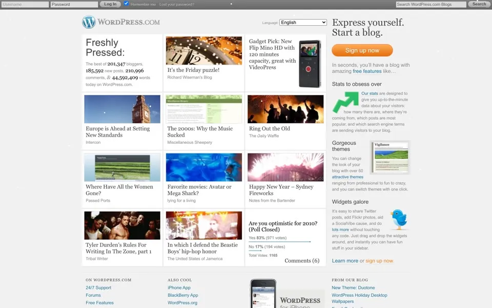 wordpress.com homepage in 2010