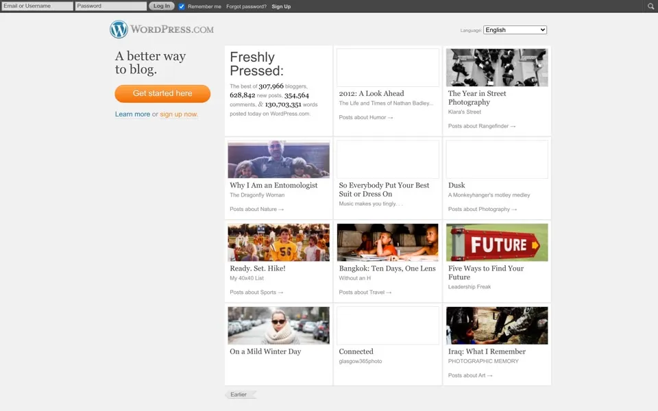 wordpress.com homepage in 2012