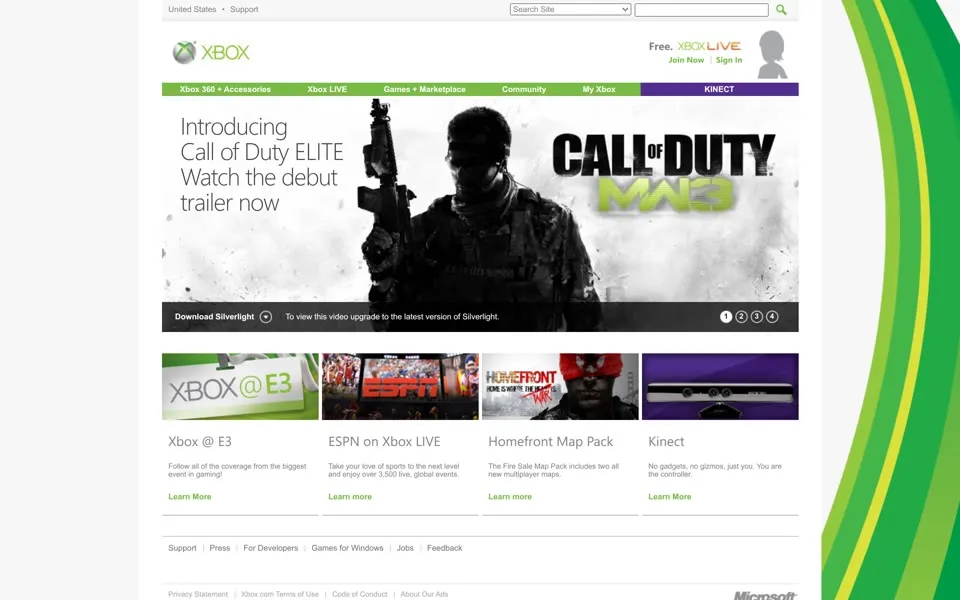 xbox.com homepage in 2011