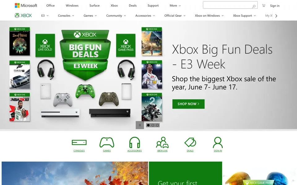 xbox.com homepage in 2018