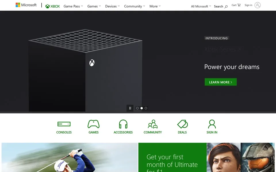 xbox.com homepage in 2020