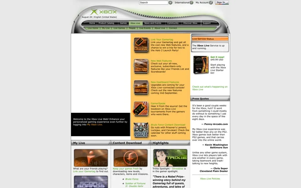 Xbox Live page on xbox.com, August 2003, August 29, 2003