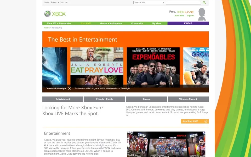 Xbox Live page on xbox.com, January 2011, January 1, 2011