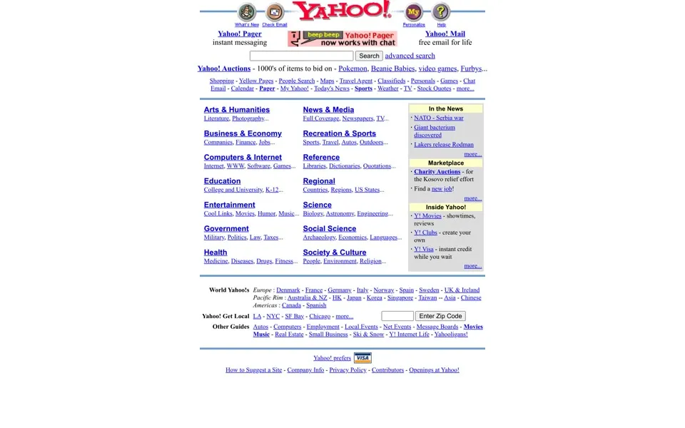 yahoo.com homepage in 1999