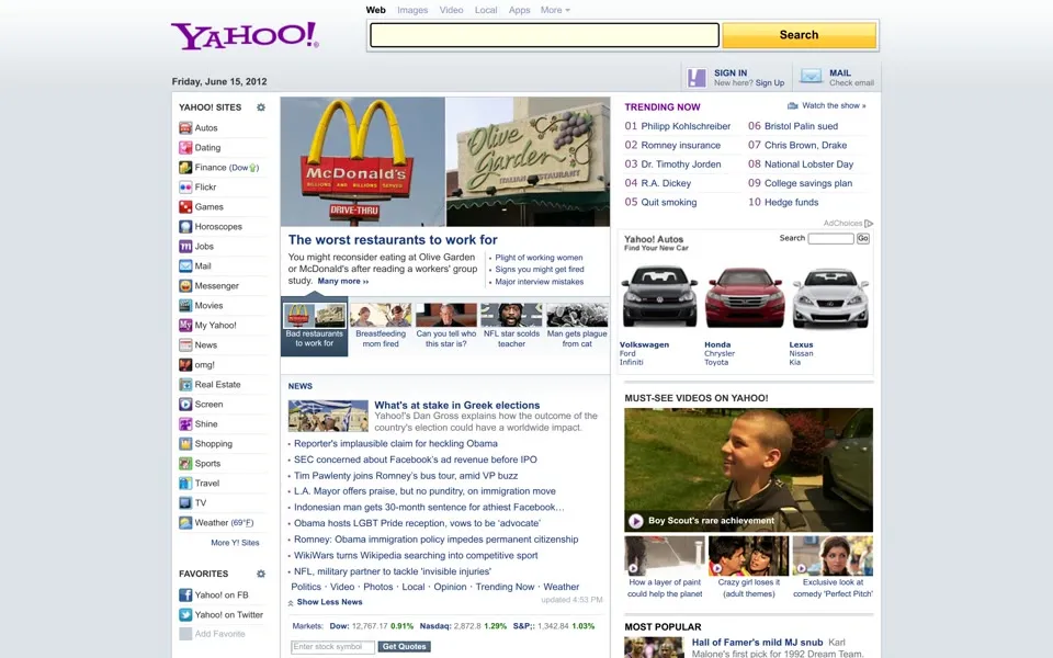 yahoo.com homepage in 2012
