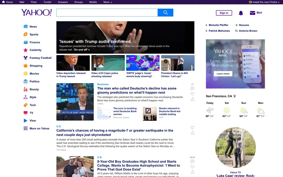 yahoo.com homepage in 2016