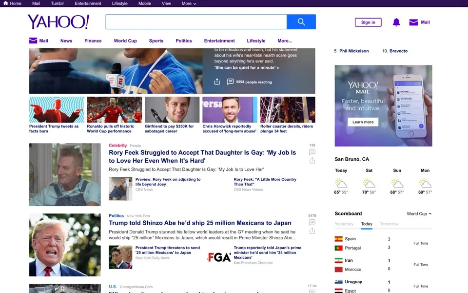 yahoo.com homepage in 2018