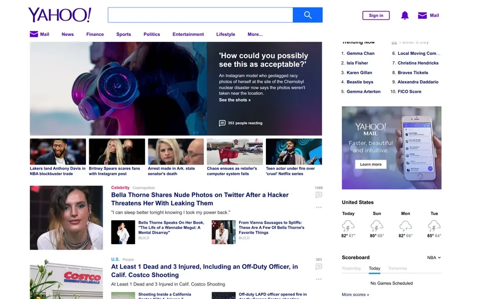 yahoo.com homepage in 2019