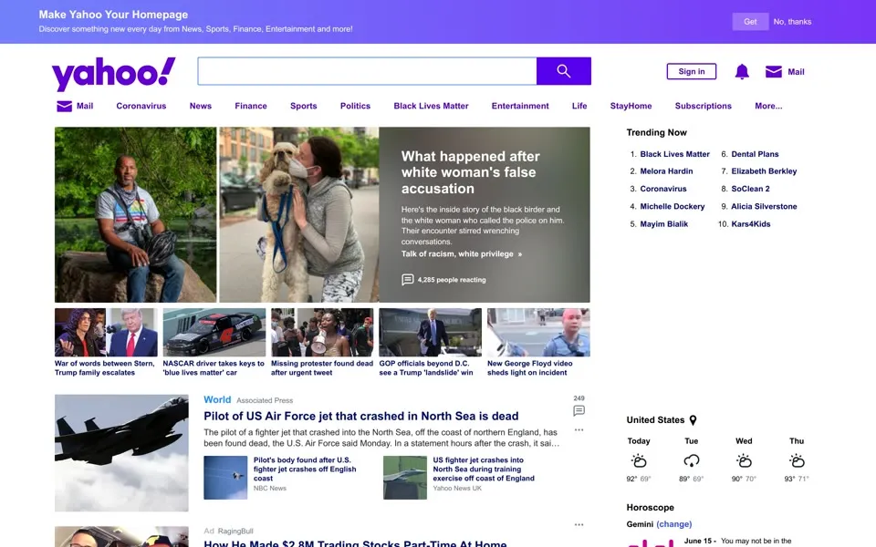 yahoo.com homepage in 2020