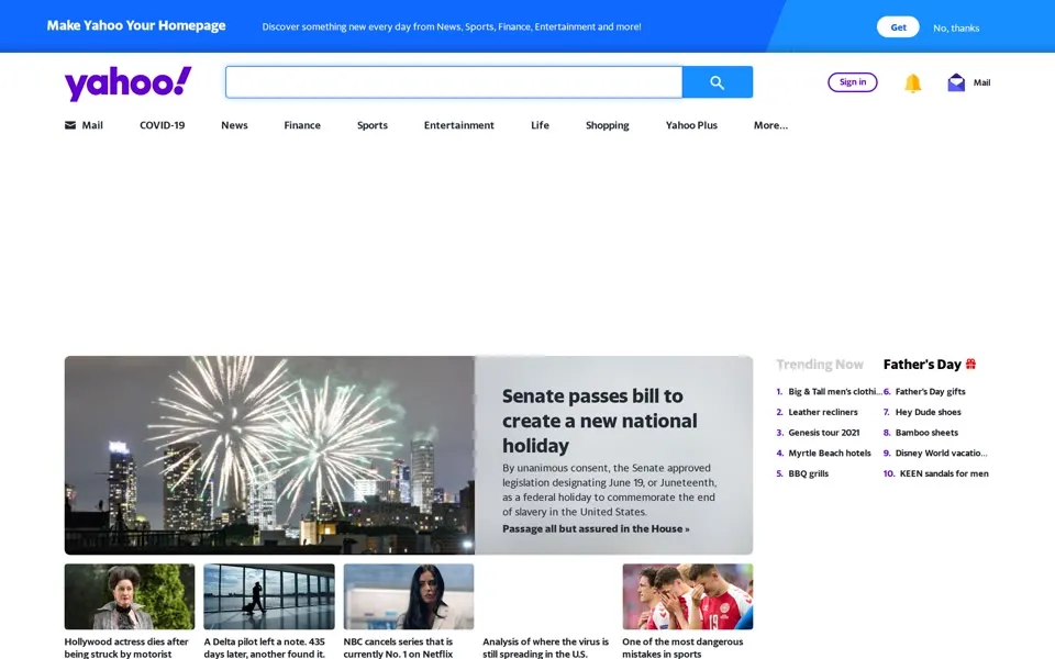 yahoo.com homepage in 2021