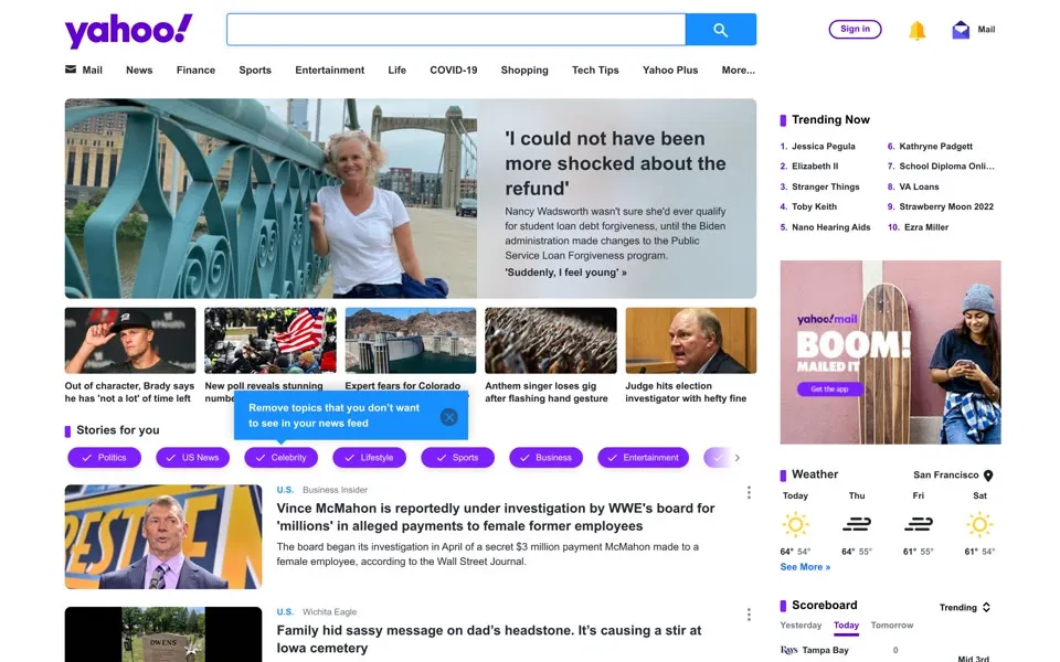 yahoo.com homepage in 2022