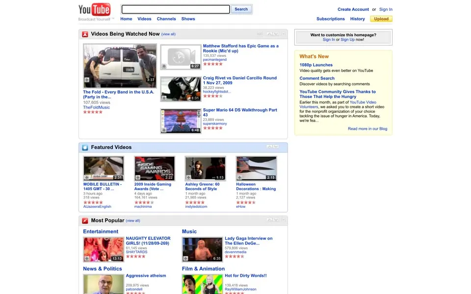 youtube.com homepage in 2009