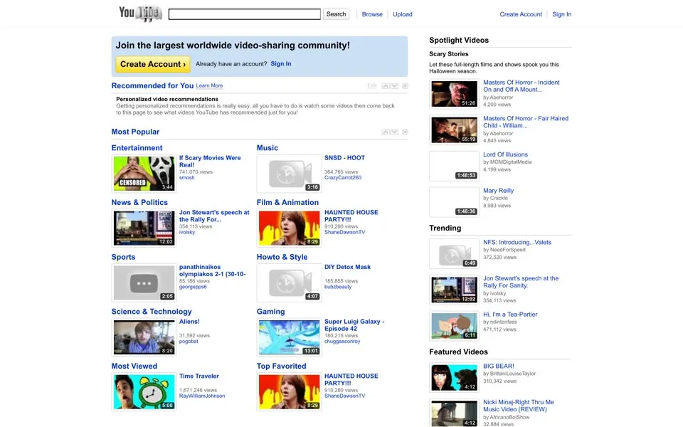 youtube.com homepage in 2010