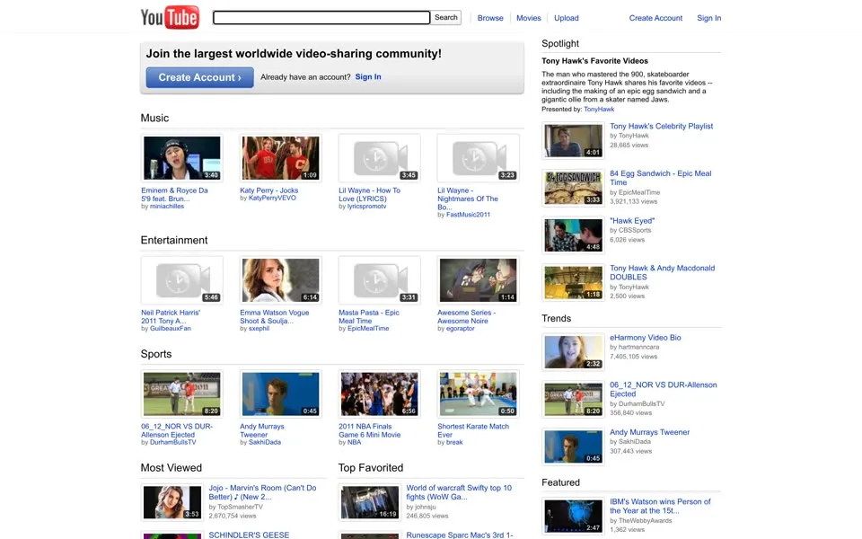 youtube.com homepage in 2011