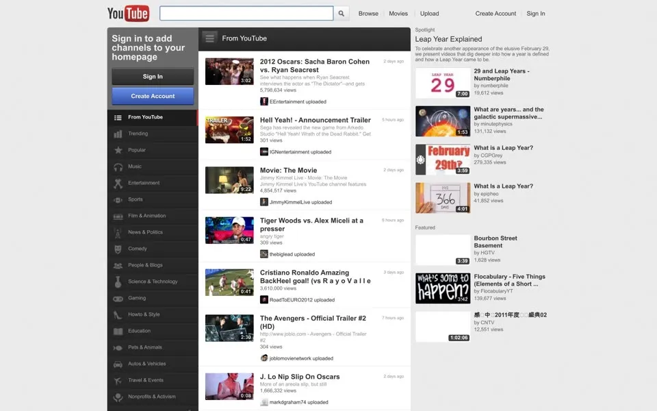 youtube.com homepage in 2012