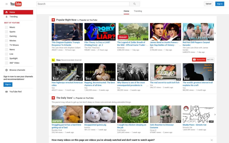 youtube.com homepage in 2016