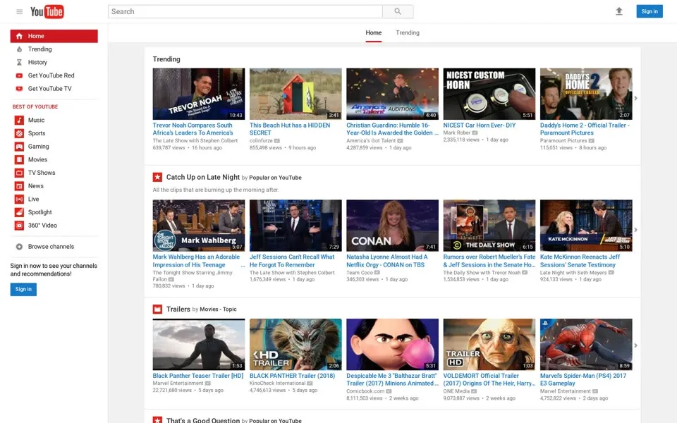 youtube.com homepage in 2017
