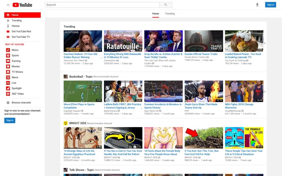 youtube.com homepage in 2018