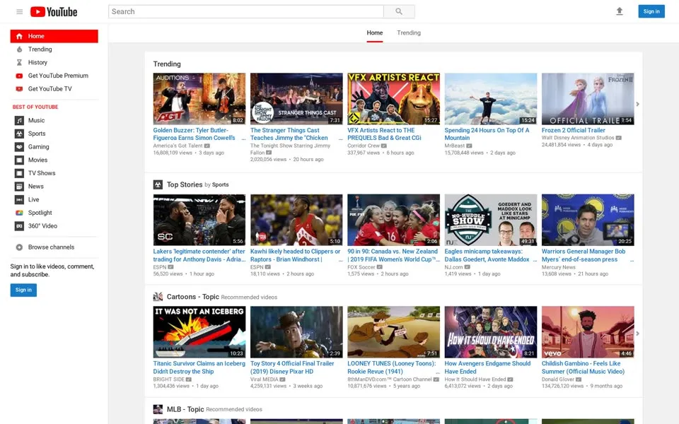 youtube.com homepage in 2019