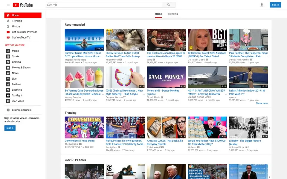 youtube.com homepage in 2020