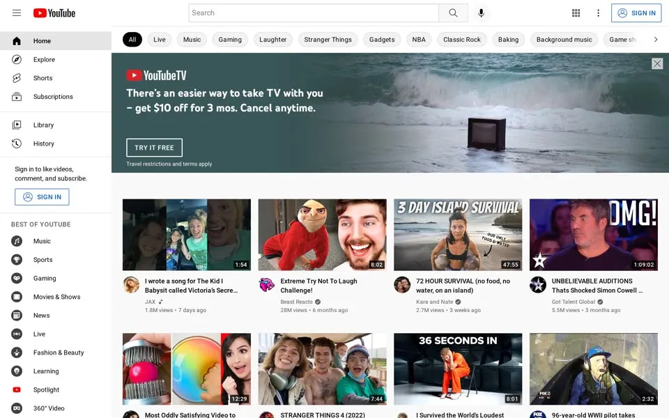 youtube.com homepage in 2022