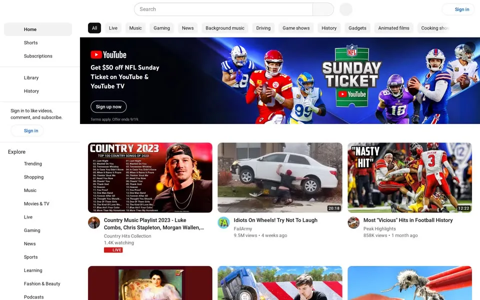 youtube.com homepage in 2023