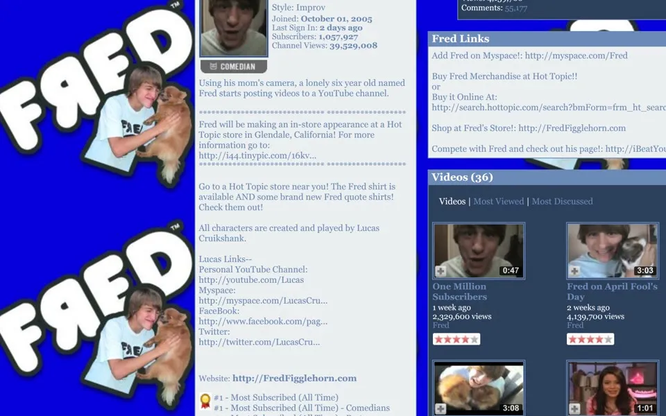 Fred's YouTube channel in April 2009: Subscribers 1,057,927 and the badge “#1 - Most Subscribed (All Time)”.