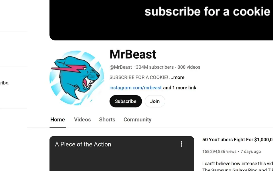 MrBeast's channel in July 2024, seven weeks after it passed T-Series: 304M subscribers, 808 videos.