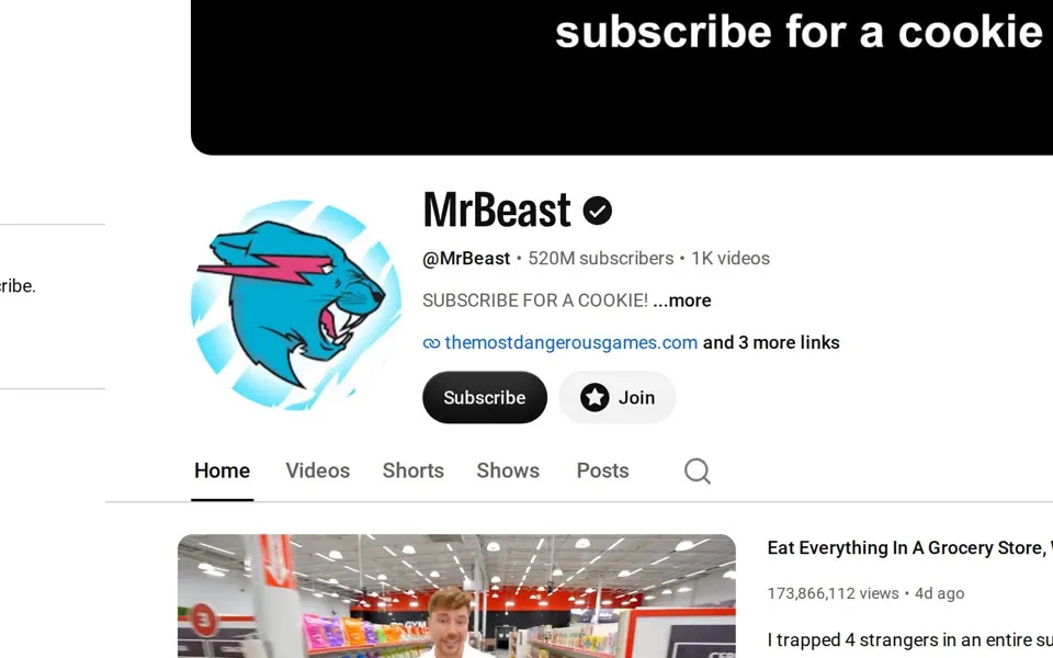MrBeast's live channel page on October 8, 2026: 520M subscribers.