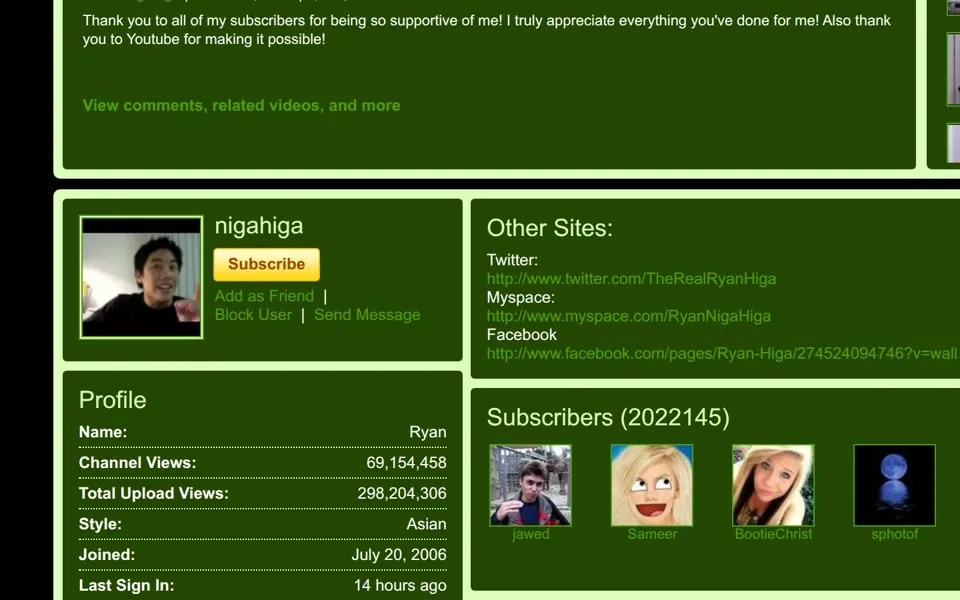 Ryan Higa's nigahiga channel in March 2010: Subscribers (2022145).