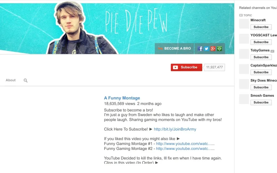 PewDiePie's channel in August 2013, the day after it passed Smosh: 11,927,477 subscribers.