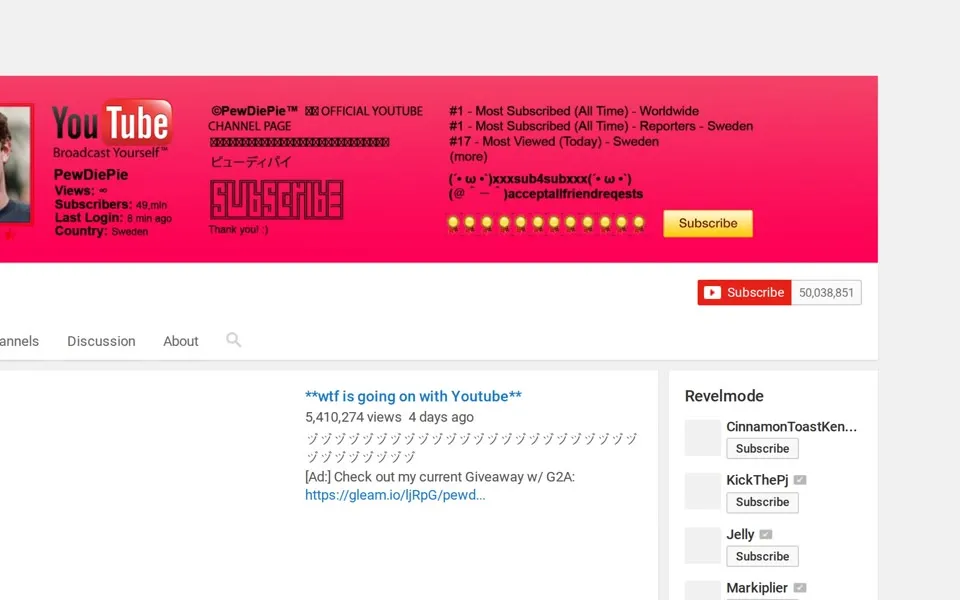 PewDiePie's channel in December 2016: 50,038,851 subscribers and “#1 - Most Subscribed (All Time) - Worldwide”.