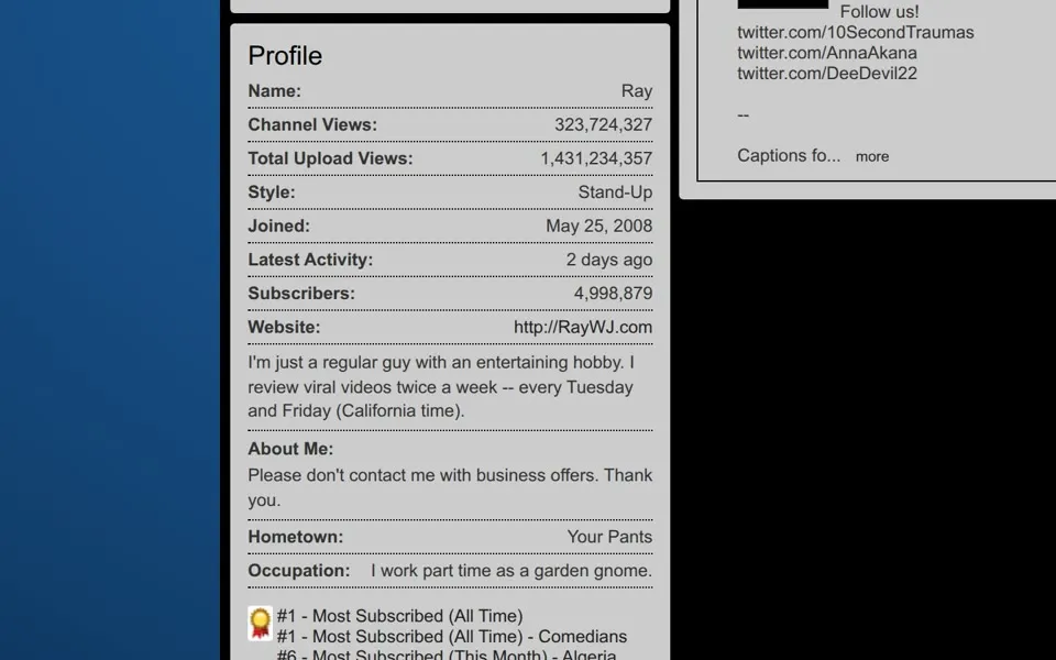 Ray William Johnson's channel in November 2011: Subscribers 4,998,879, occupation “I work part time as a garden gnome.”