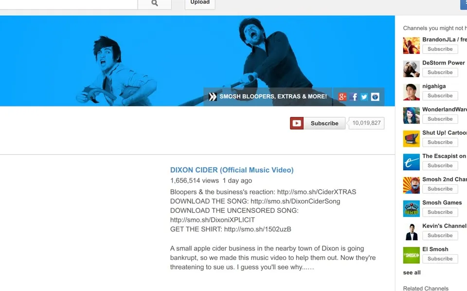 Smosh's YouTube channel in May 2013, with 10,019,827 next to the Subscribe button.