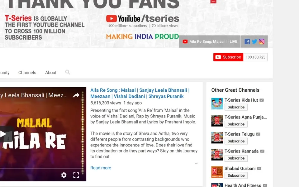 T-Series' channel in May 2019: a “THANK YOU FANS” banner for 100 million subscribers, counter 100,180,723.